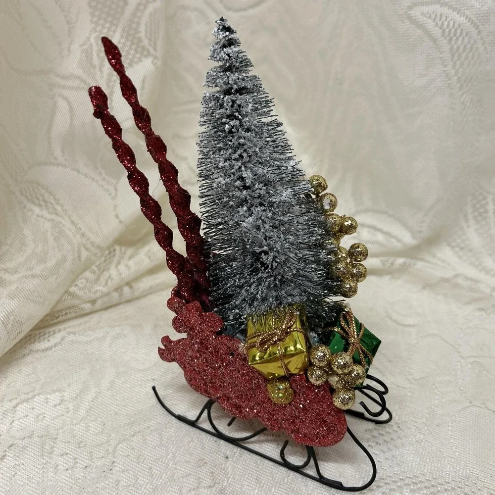 Vintage Tin Dept. 56 Sleigh‎ Red Glitter Brush Tree Christmas Assemblage Display